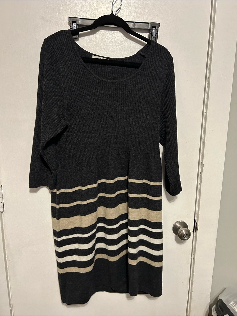Studio One Black Long-Sleeve Striped Knit Dress with Beige and White Bands